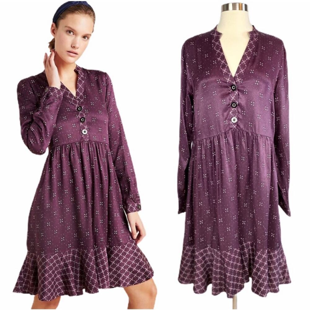 ANTHROPOLOGIE Burgundy Shirt Dress Maeve Gillian Abstract Tunic Flounce Medium - Picture 8 of 8